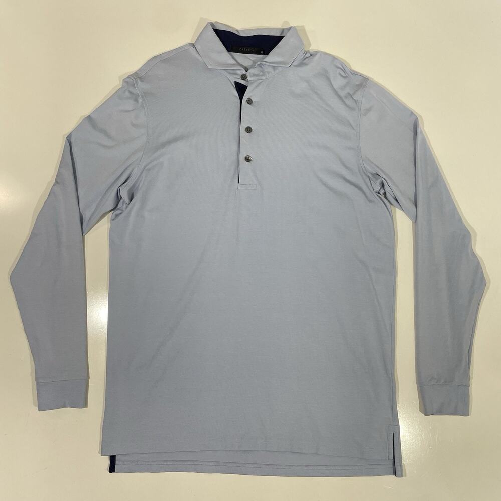 GREYSON Men's Golf Polo Lite Blue Long Sleeve Pima Cotton Blend Soft Shirt M